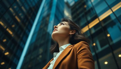 Woman looking upwards in city