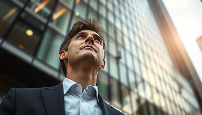 Man looking up in city