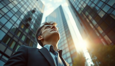 Man looking up at skyscrapers