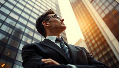 Businessman looking up at cityscape