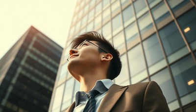 Man looking up at skyscrapers