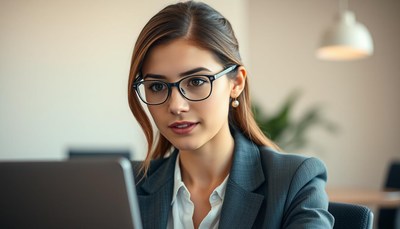 Woman in glasses working on laptop in office