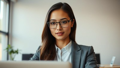 Woman in office using laptop