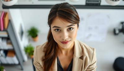 Woman looking up from desk