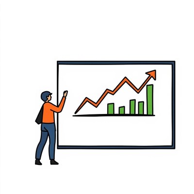 A person presents an upward trend on a whiteboard