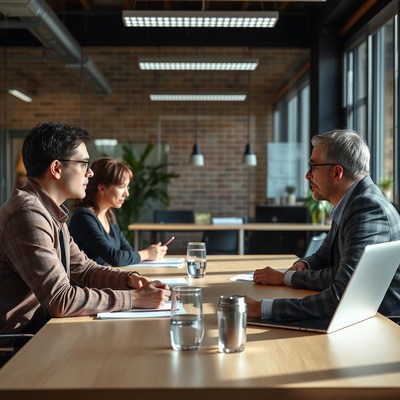 A man sits at a table during a job interview