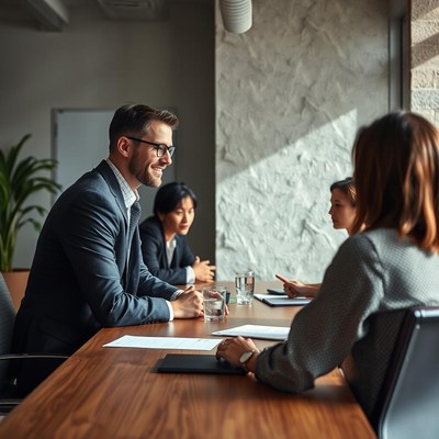 A man smiles during a meeting in a modern office