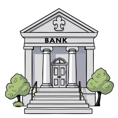 A simple drawing of a bank building