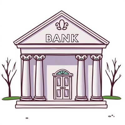 A simple bank building with a door and columns