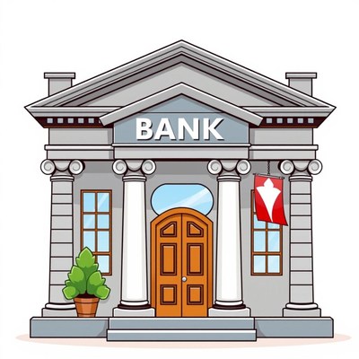 A cartoon bank building with a large wooden door