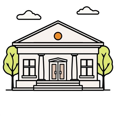 A sunny day at a white building with pillars