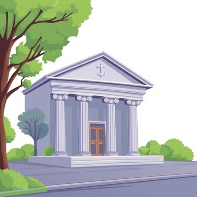 A white building with pillars stands on a street