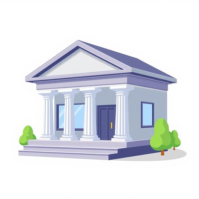 A classic building with columns stands on a white background