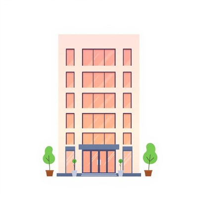 A tall building with large windows and a double entrance