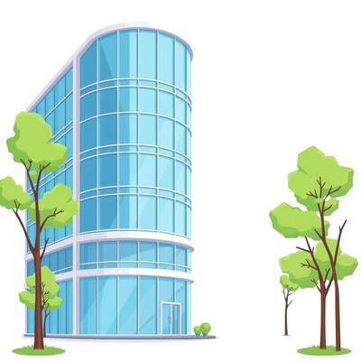 A modern office building with trees