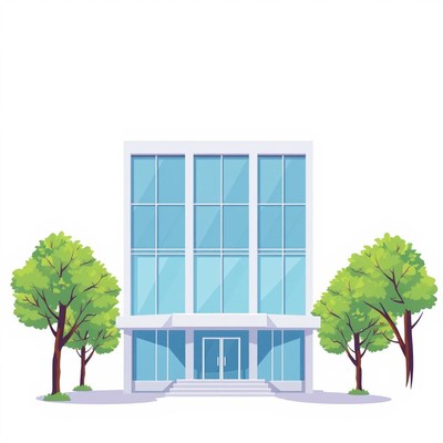 A modern office building with trees in front