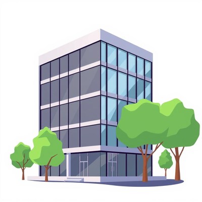 A modern office building with trees in front