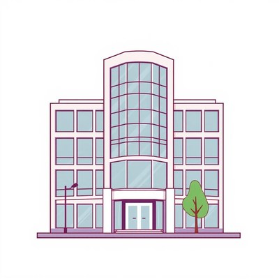 A modern office building with a tree and lamppost in front