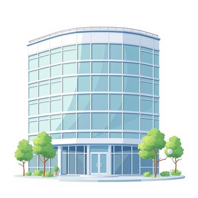 A modern glass office building with trees in front