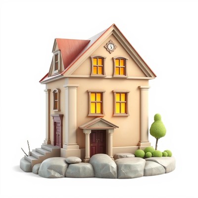 A beige house with a red roof sits on rocks