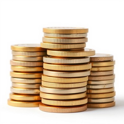 Three stacks of coins on a white background