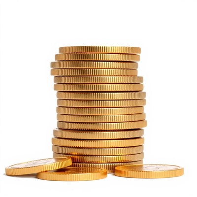 A stack of gold coins sits on a white background
