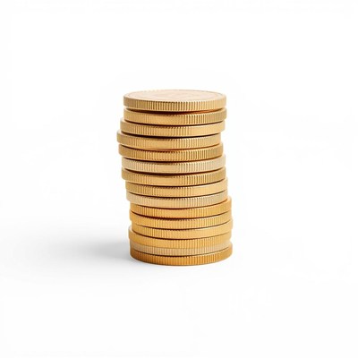 A stack of gold coins sits on a white surface