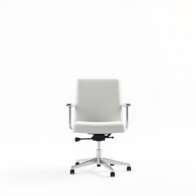 A white office chair with wheels sits on a white floor