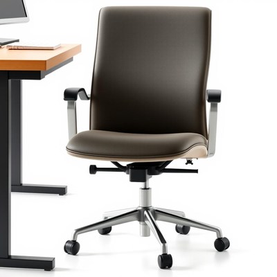 Black leather office chair with silver accents, by desk