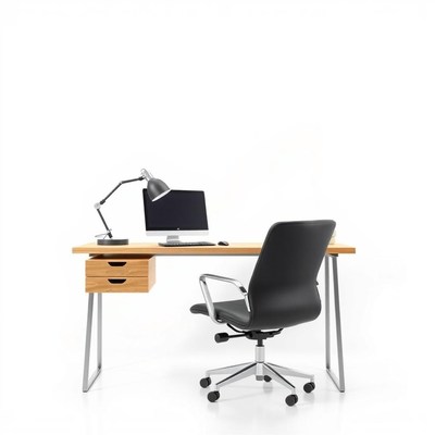 A wooden desk with a black chair in front of it