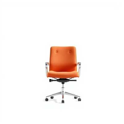 An orange office chair with silver arms and wheels
