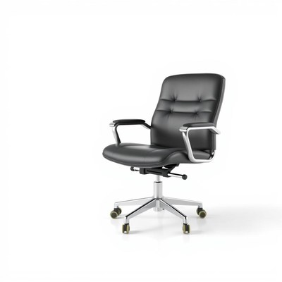Black leather office chair with silver accents on white