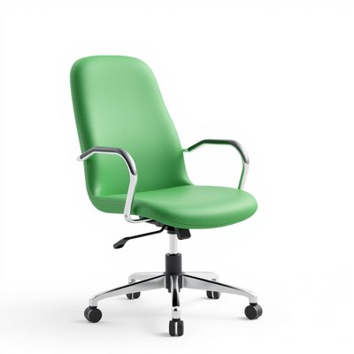 A green office chair with chrome arms and wheels