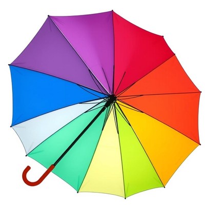 A rainbow umbrella is open against a white background