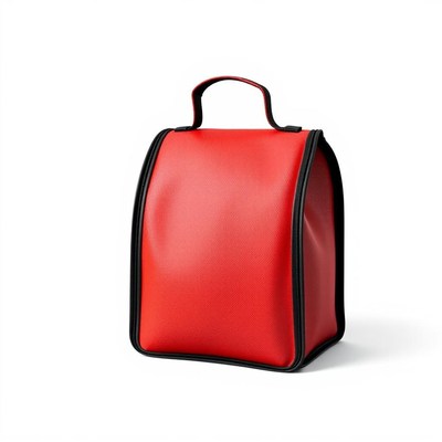 A red lunch bag with a black handle
