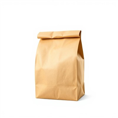 A brown paper bag sits on a white background