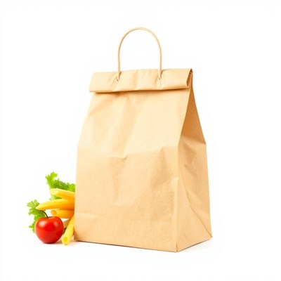 A brown bag sits by pasta and a tomato