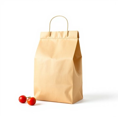 A brown paper bag sits on a white background