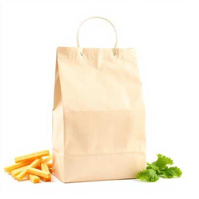 Brown bag with green handle on white background