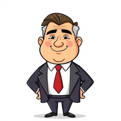 A cartoon man in a suit stands with his hands on his hips