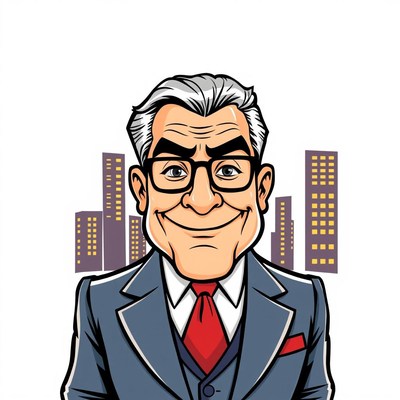 A businessman smiles in front of a city skyline