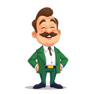 A cartoon man with a mustache smiles