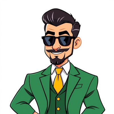 A cartoon man in a green suit and sunglasses smiles
