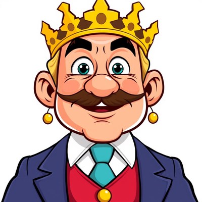 A cartoon king smiles while wearing a blue suit