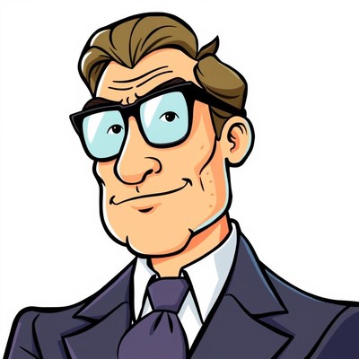 A cartoon man in a suit and glasses smiles