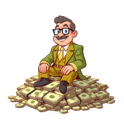 A cartoon man sits on a pile of money