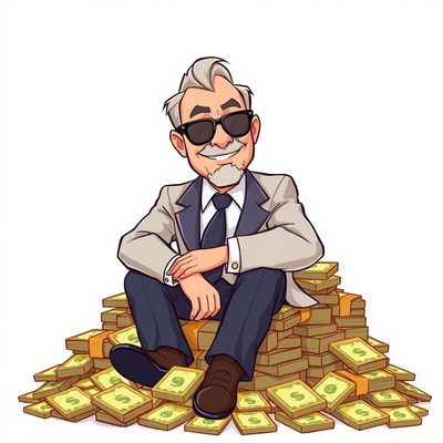 A man in sunglasses sits on a pile of money