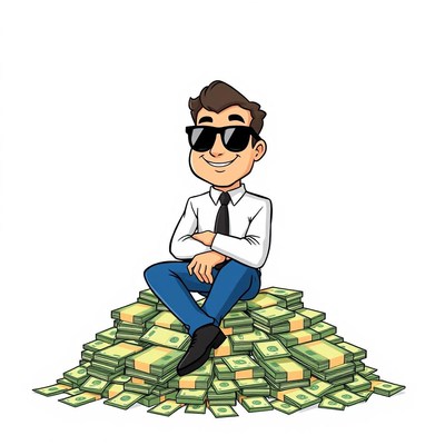 A man sits on a pile of money