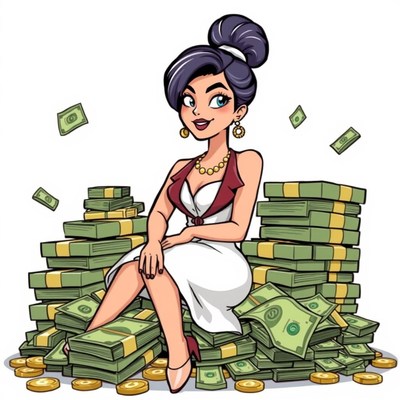 A woman sits on a pile of money