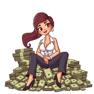 A cartoon woman sits on a pile of money